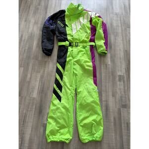 Obermeyer Rocket Ski Suit Mens L One Piece Snowsuit Snow Bib Vintage 80s Neon